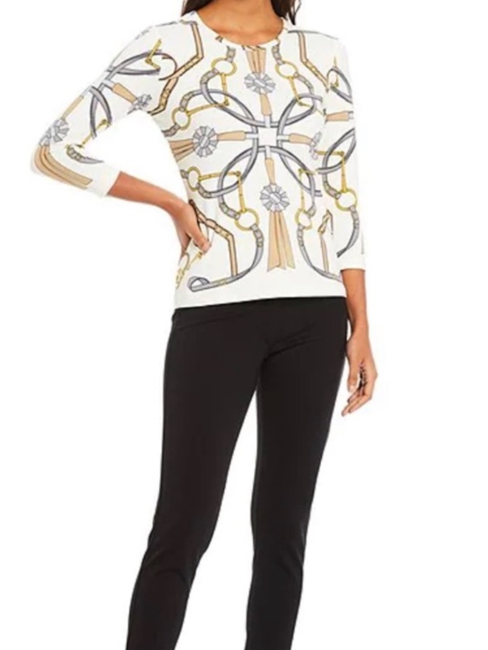 J.McLaughlin Printed Knit Round Neck 3/4 Sleeve Signature Tee Catalina Cloth Med